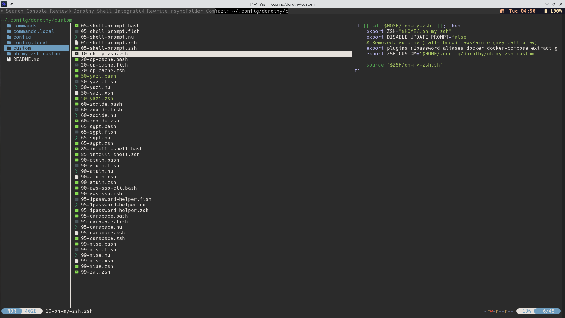 Custom folder showing numbered scripts and oh-my-zsh integration