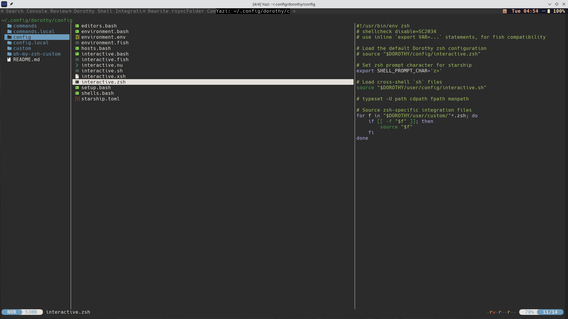 Dorothy config folder structure showing shell-specific configuration files